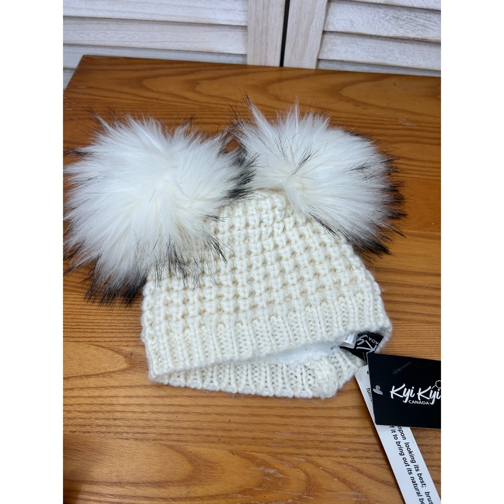 KYI KYI Beanie Hat Toddler Girls Ivory White Knit Winter Faux Fur Pom Pom